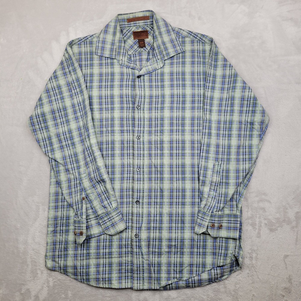 Born Shirt Mens Medium Button Up Dress Classic Blue Plaid Handcrafted Clothing M